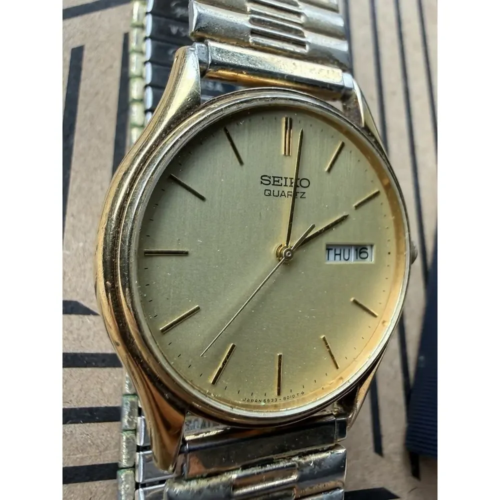 Vintage Seiko 6533-8019 Quartz Day Date Gold Tone Men’s Watch Box Runs Speidel